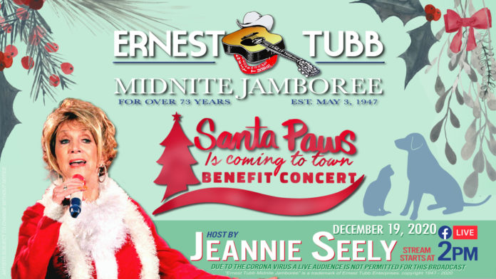JEANNIE SEELY TO HOST ANNUAL SANTA PAWS IS COMING TO TOWN BENEFIT ON HISTORIC ERNEST TUBB MIDNITE JAMBOREE